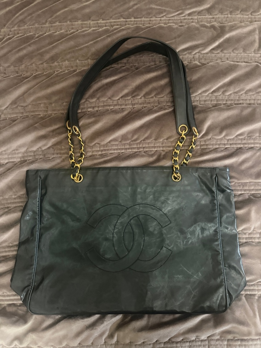 CHANEL Black Leather Tote with Gold Chain-Trim Straps
